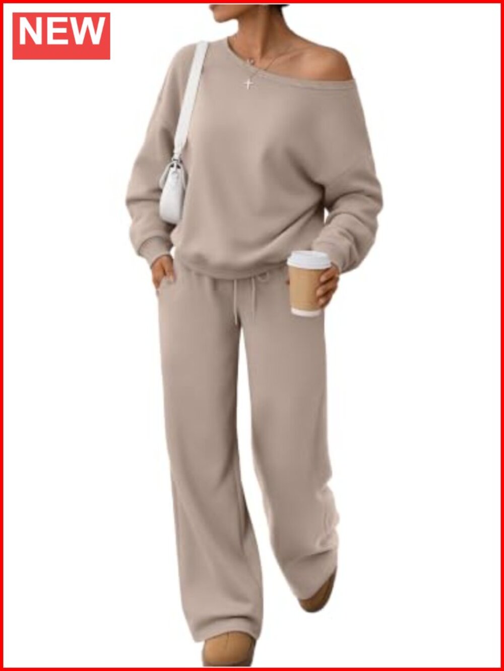 Women's 2 Piece Sweatsuit Set - Oversized Off Shoulder Top & Wide Leg Pants